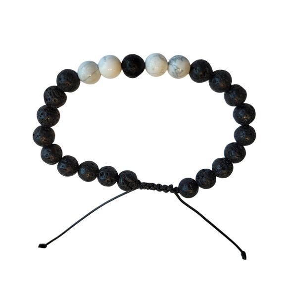 Lava Rock Howlite Bead Bracelet 7-9" Adjustable Unisex Black White, Gift Bag - Picture 7 of 12